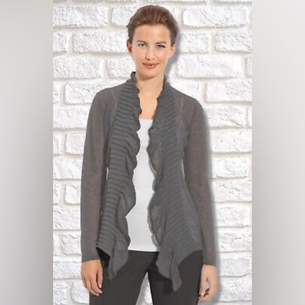 Eileen Fisher Quiet Luxury Flutter Collar Linen Blend Open Cardigan Feminine